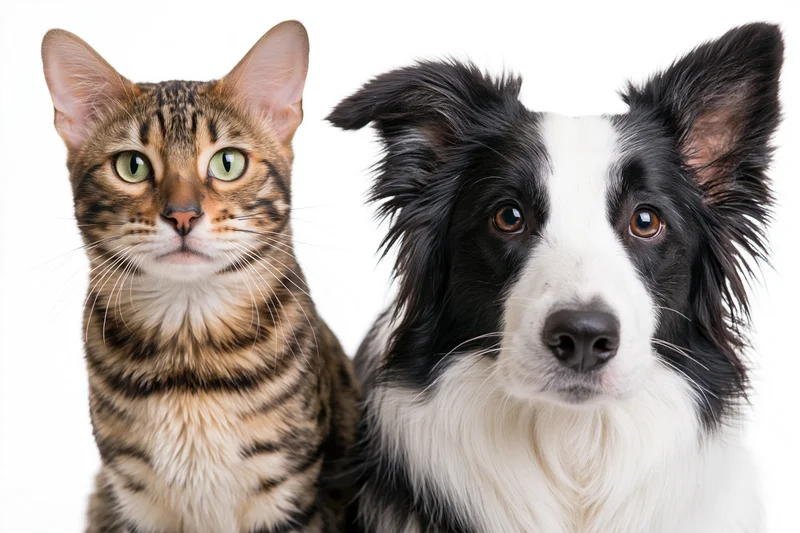 Bengal cat and border collie sitting side by side facing forward in studio portrait