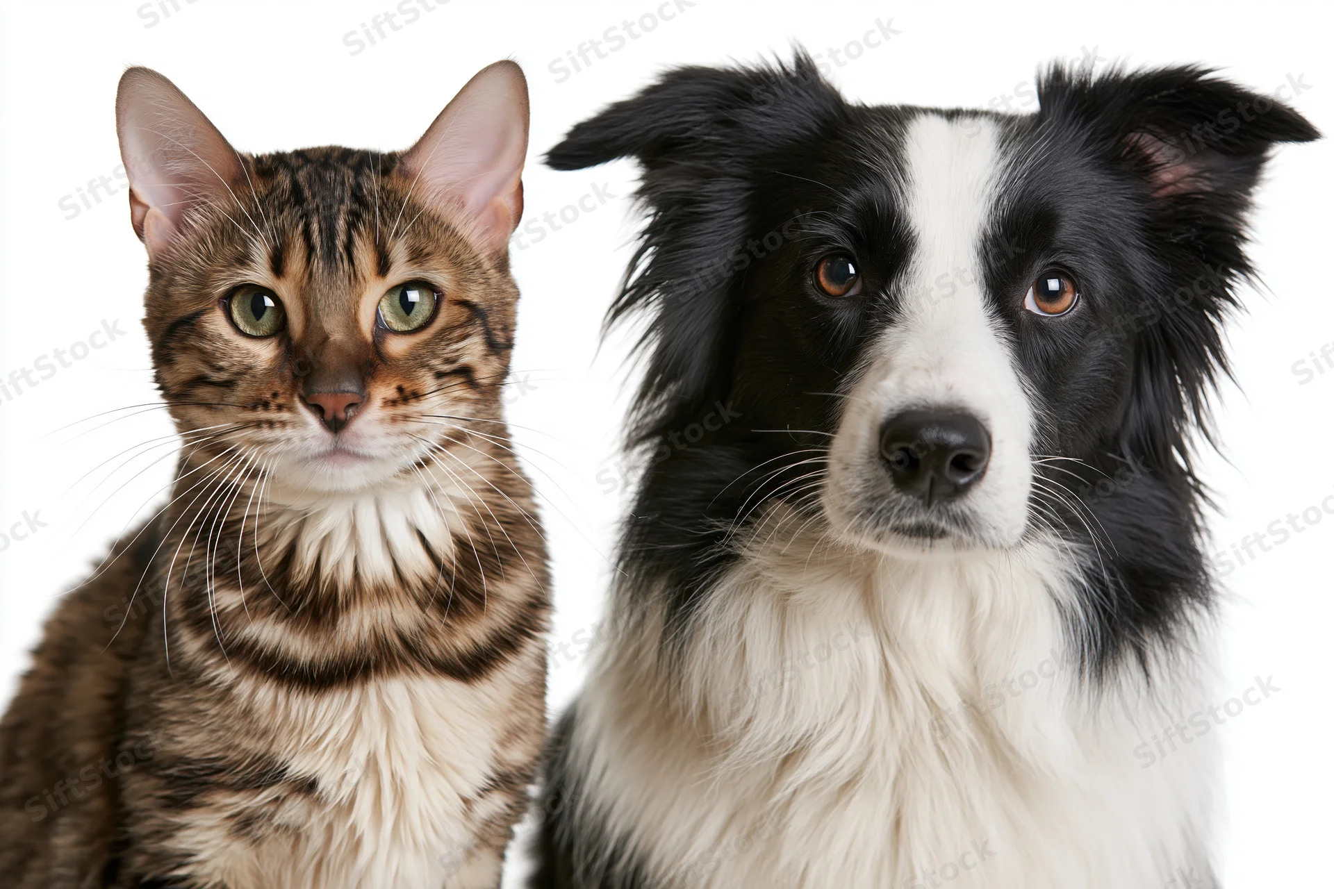 Bengal cat and border collie sitting side by side facing forward in studio portrait