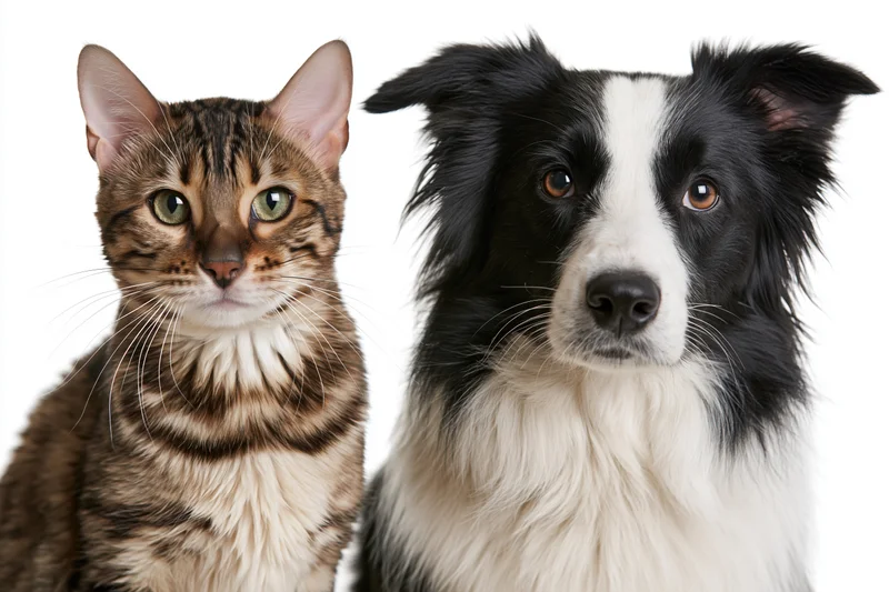 Bengal cat and border collie sitting side by side facing forward in studio portrait