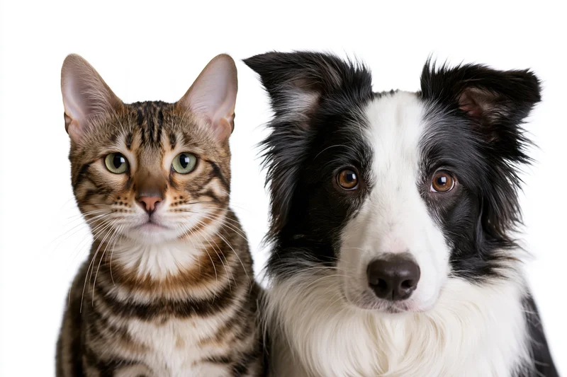 Bengal cat and border collie sitting side by side facing forward in studio portrait
