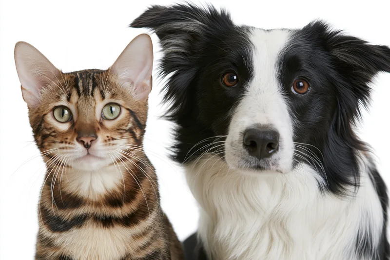Bengal cat and border collie sitting side by side facing forward in studio portrait