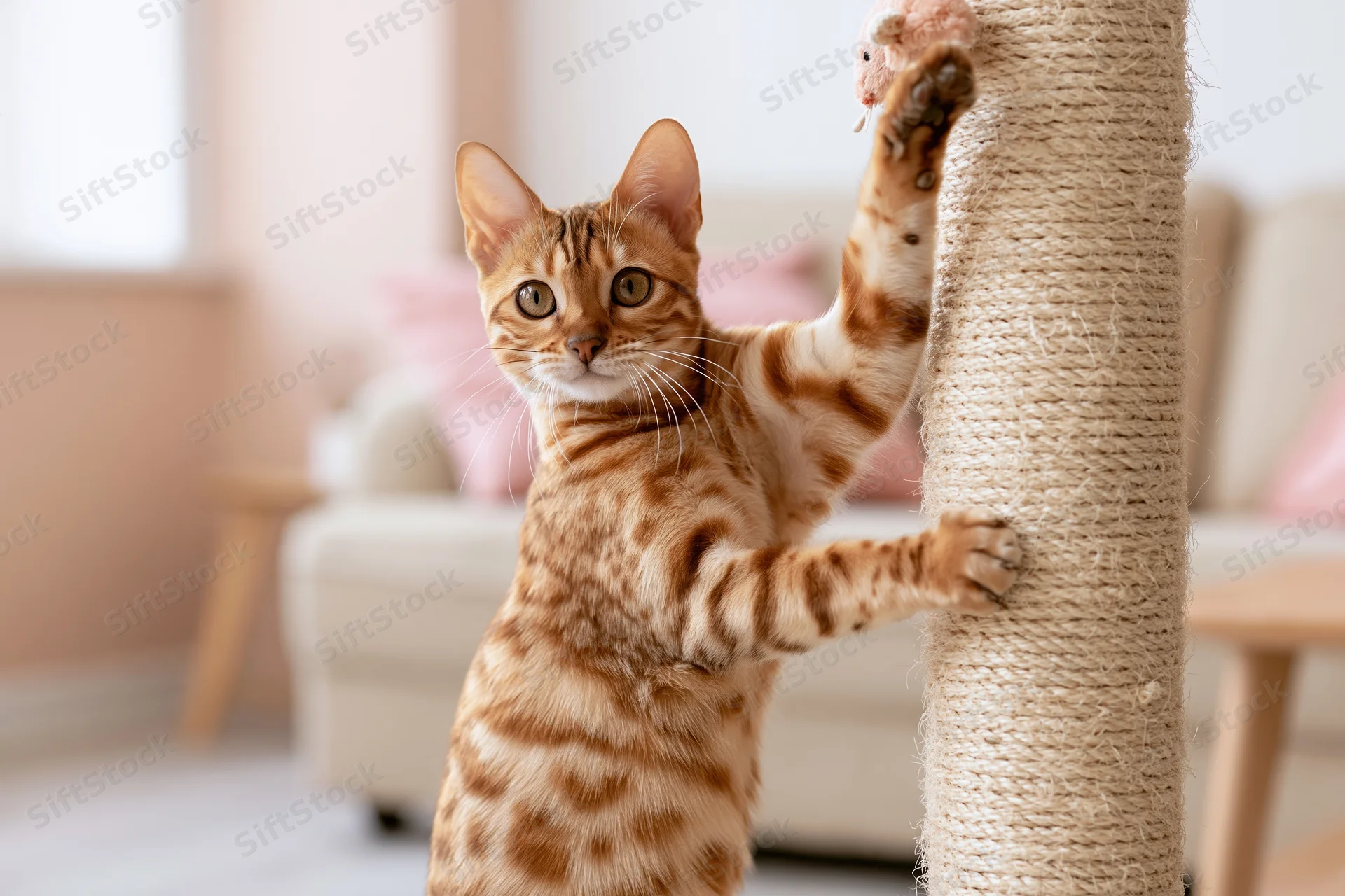 Bengal cat standing on hind legs pawing at a small plush toy on a sisal scratching post in a living room