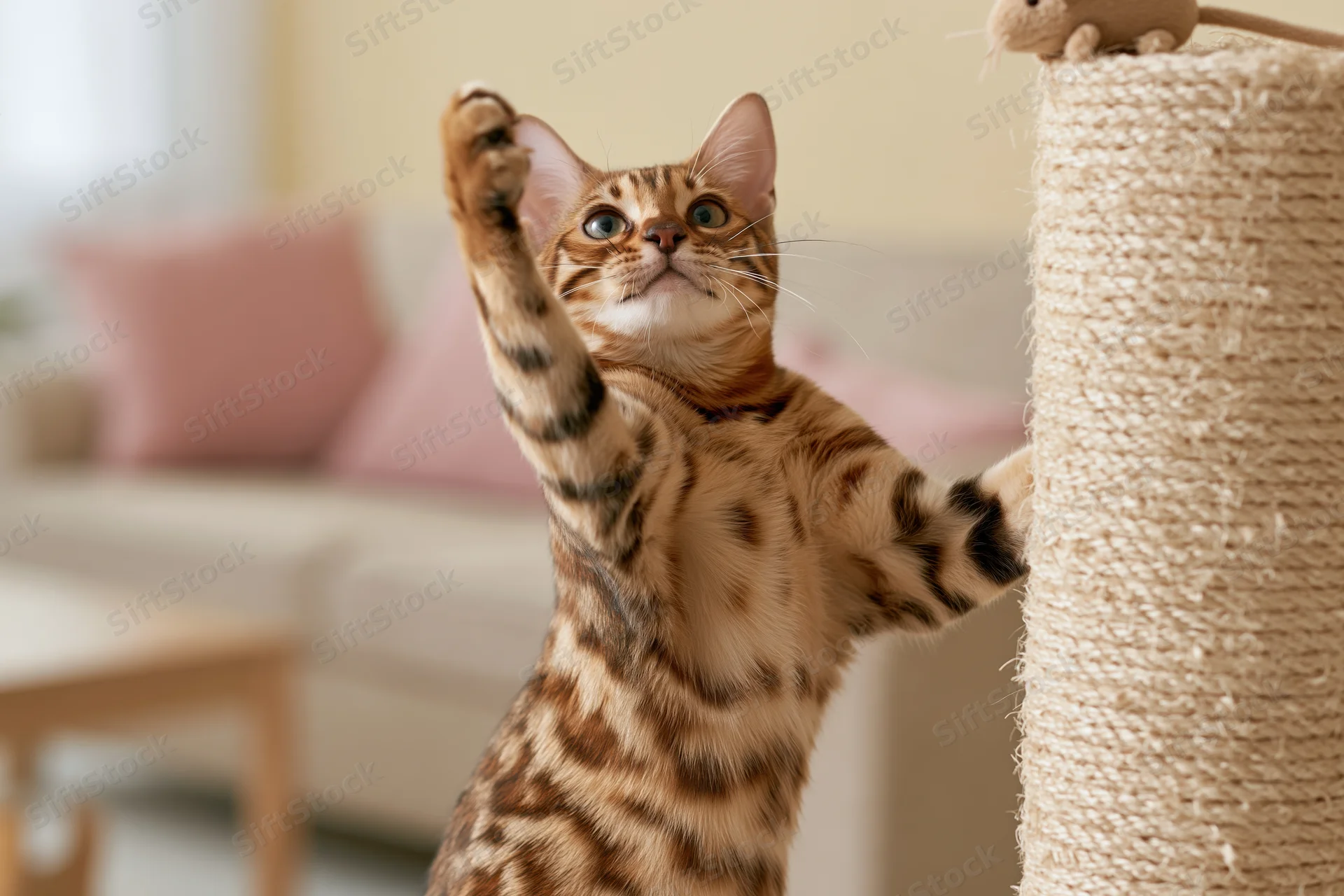 Bengal cat standing upright on hind legs pawing at a toy mouse on a scratching post in a living room
