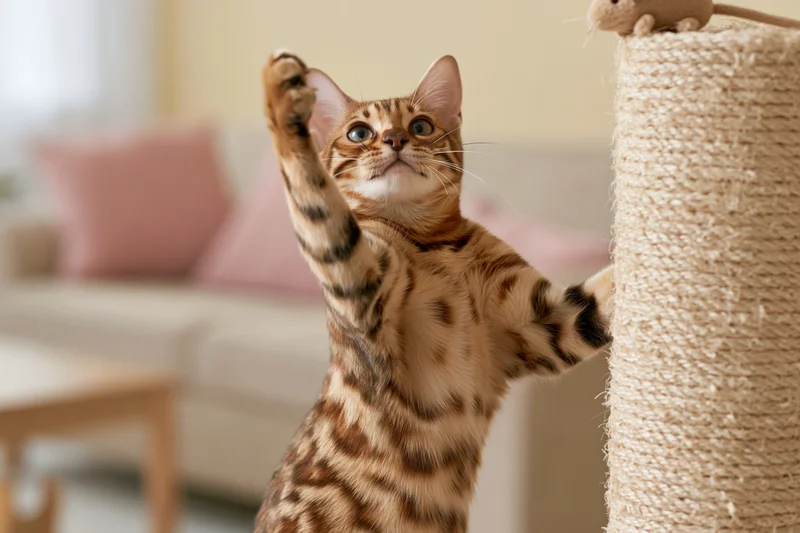 Bengal cat standing upright on hind legs pawing at a toy mouse on a scratching post in a living room