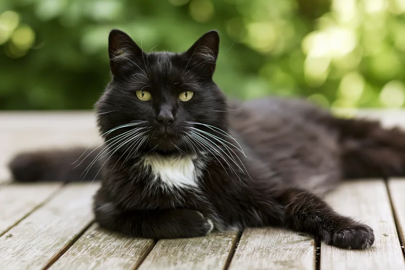 Black and white tuxedo cat lying relaxed on a weathered wooden deck outdoors