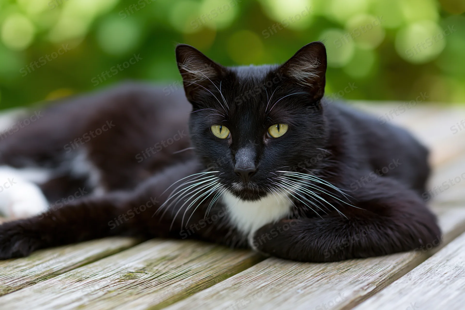Black and white tuxedo cat lying relaxed on a weathered wooden deck outdoors
