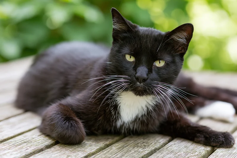 Black and white tuxedo cat lying relaxed on weathered wooden deck outdoors