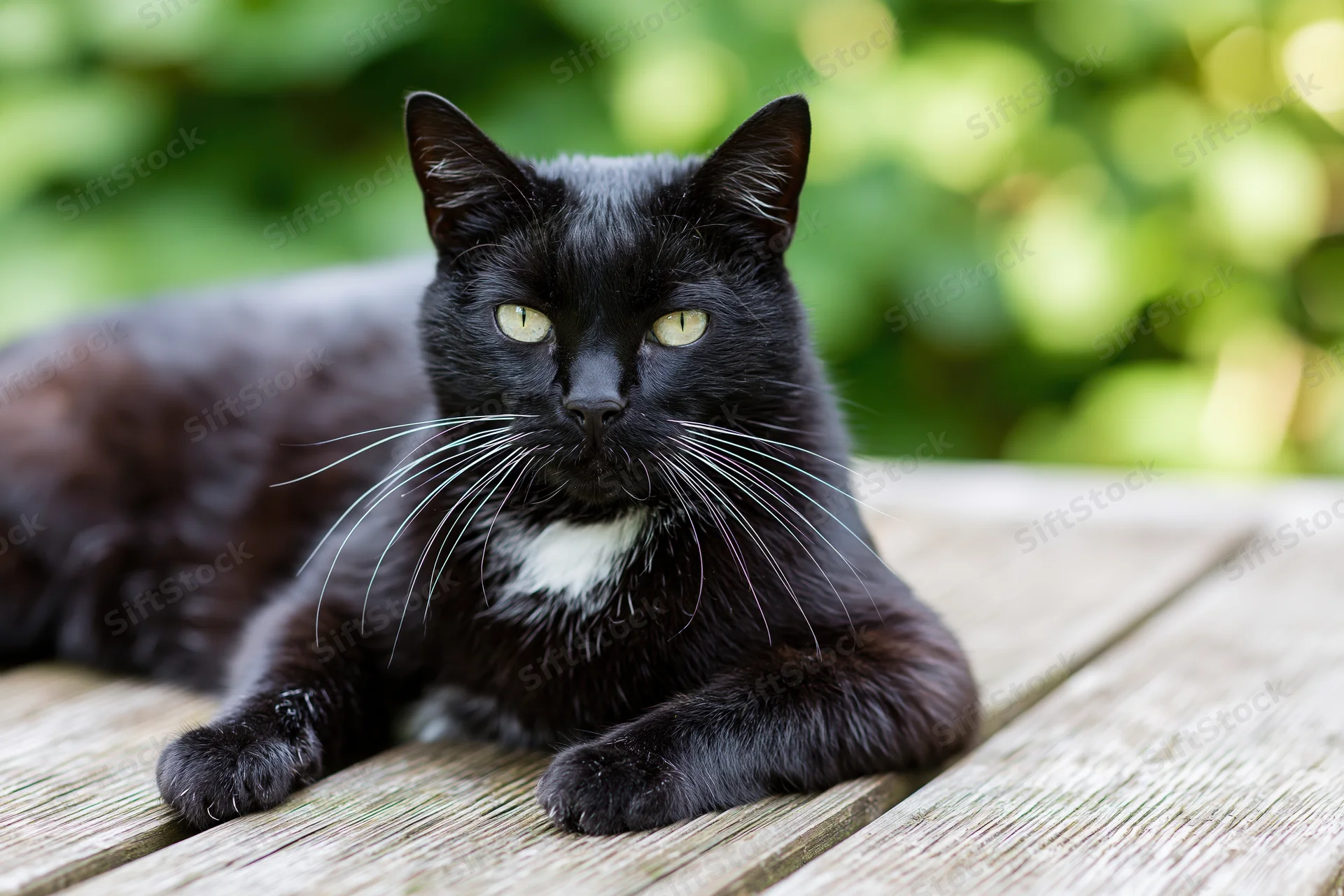 Black tuxedo cat lying relaxed on weathered wooden deck outdoors