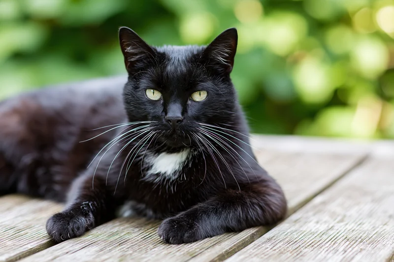 Black tuxedo cat lying relaxed on weathered wooden deck outdoors