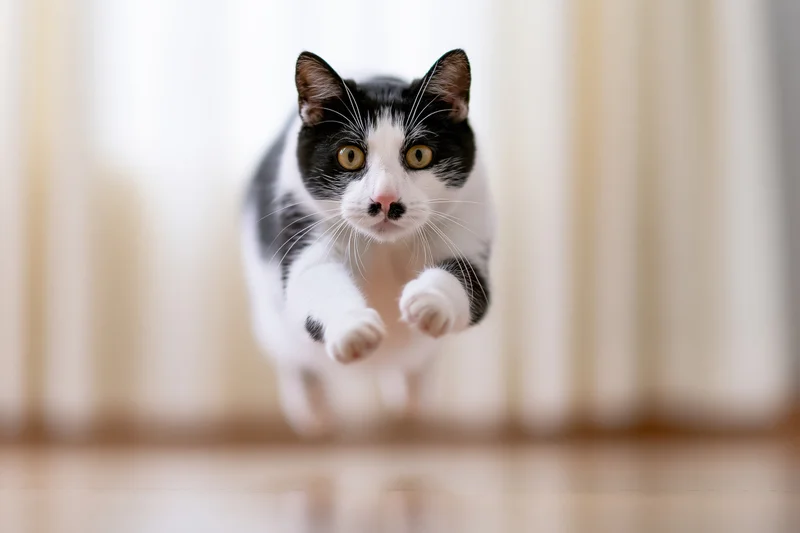 Black and white tuxedo cat mid-leap running toward camera on hardwood floor indoors