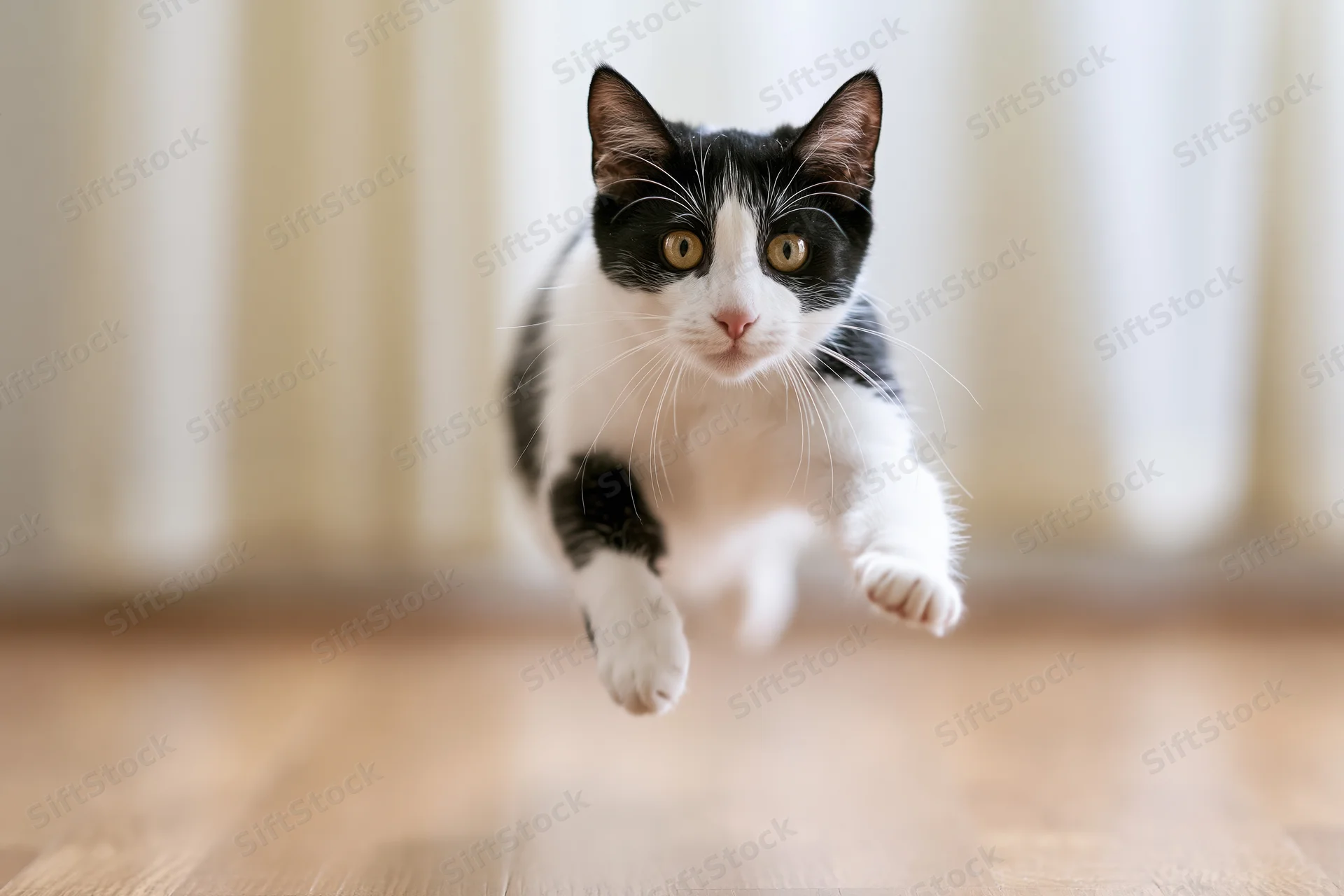 Black and white tuxedo cat mid-leap running toward camera on hardwood floor indoors
