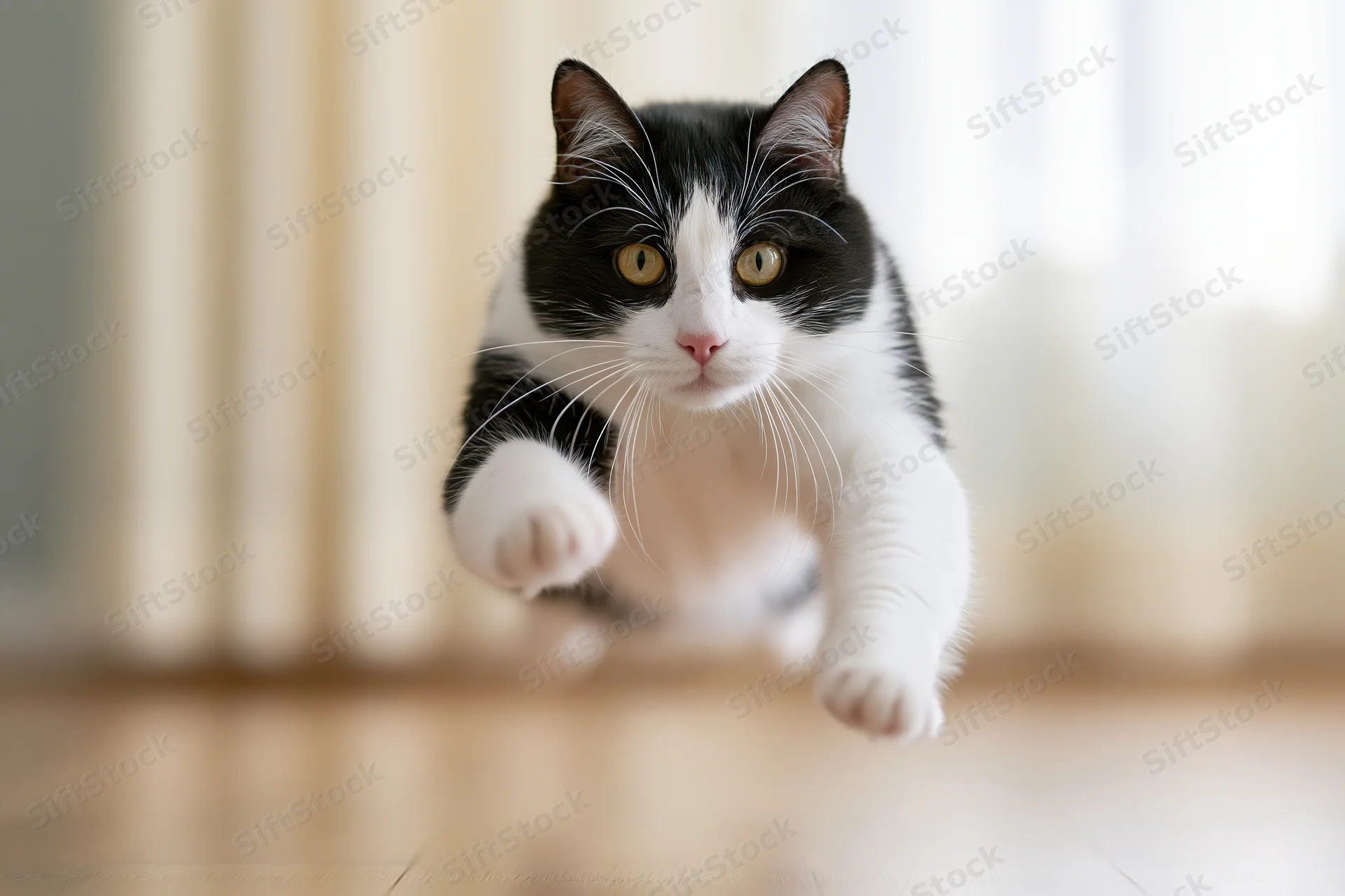 Tuxedo cat mid-leap running toward camera on hardwood floor indoors