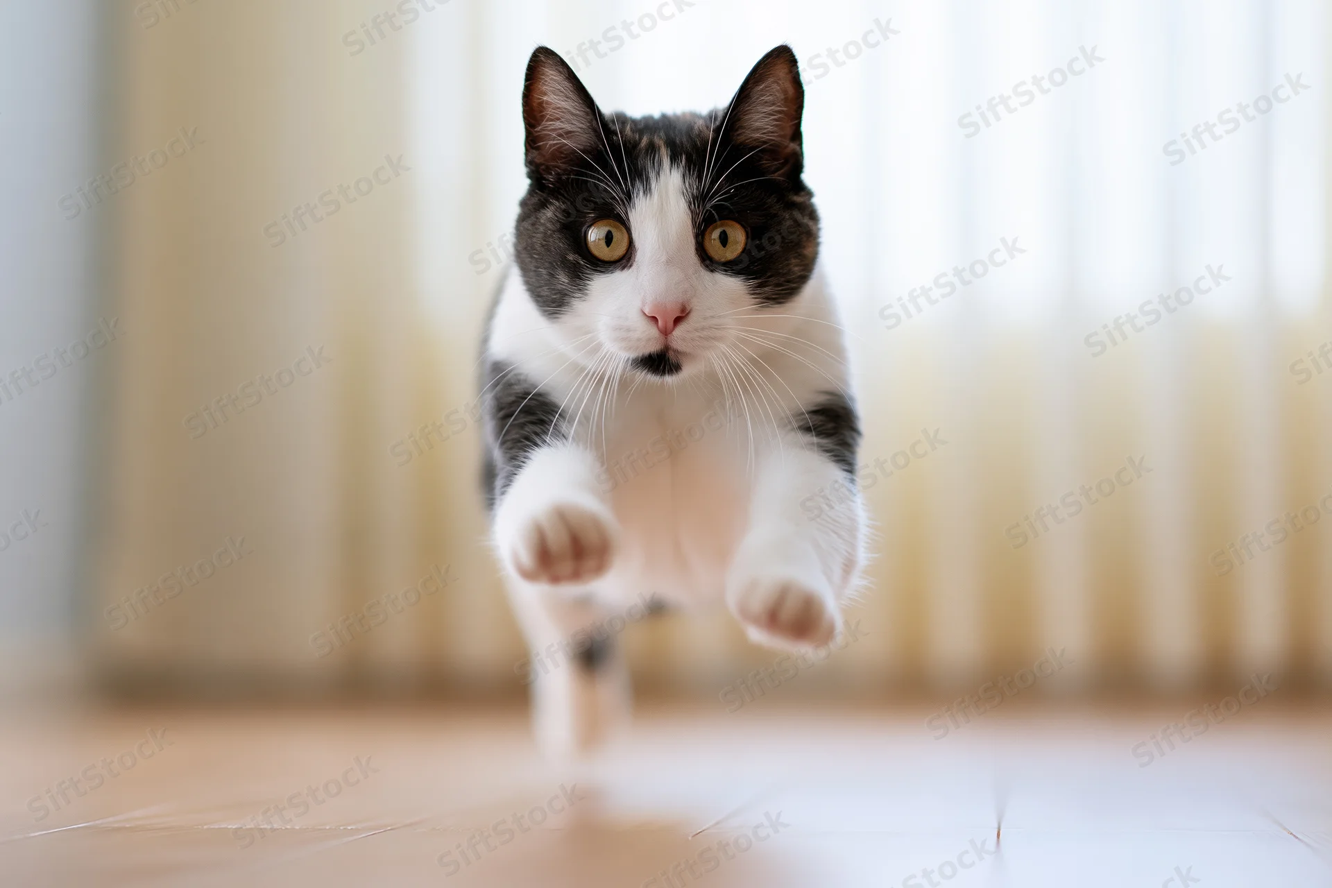 Black and white tuxedo cat mid-leap running toward camera on hardwood floor indoors