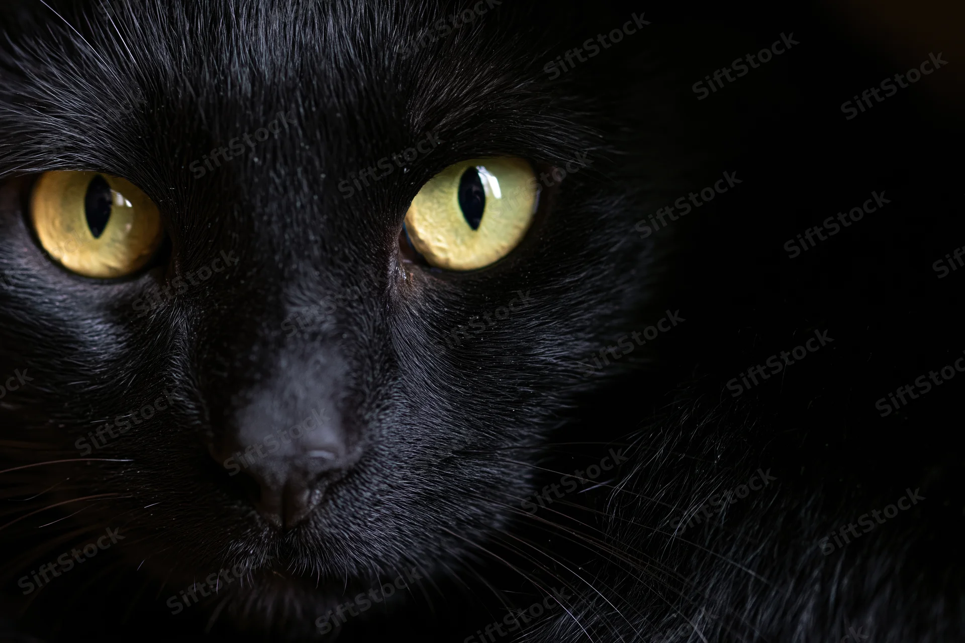 Black cat staring directly at camera in close-up portrait with intense yellow eyes