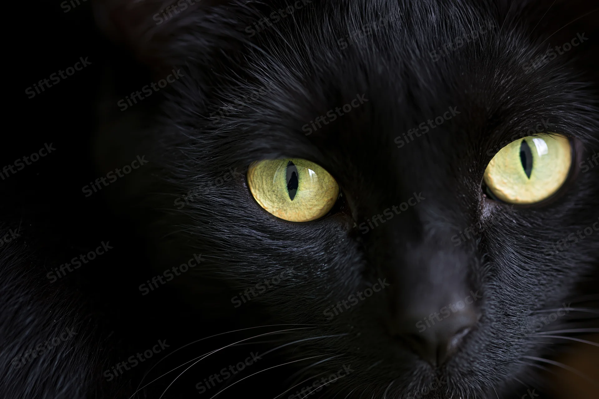 Closeup of black cat with yellow eyes staring directly at camera in dark setting