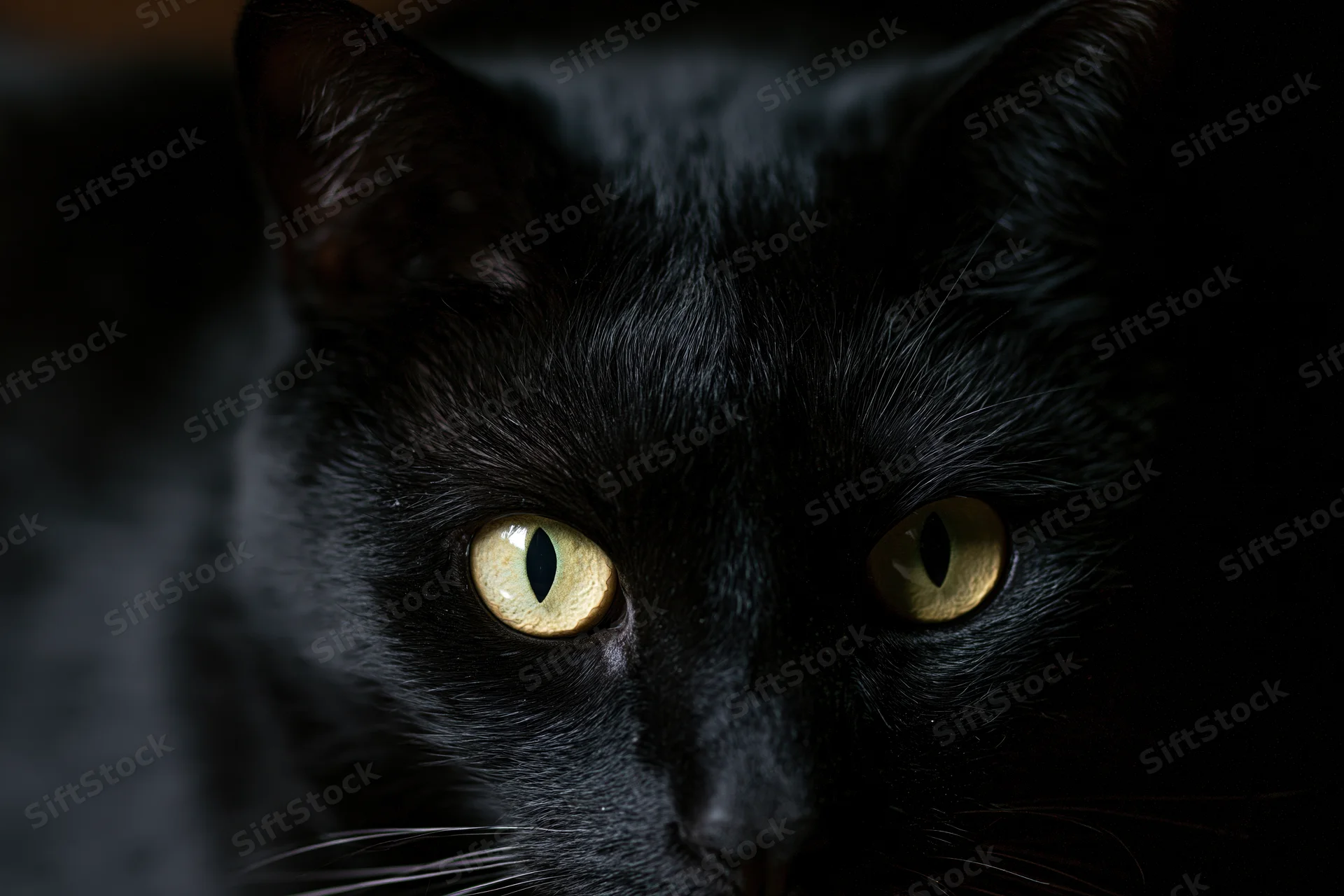 Closeup of black cat staring directly at camera with intense yellow eyes in dim indoor setting