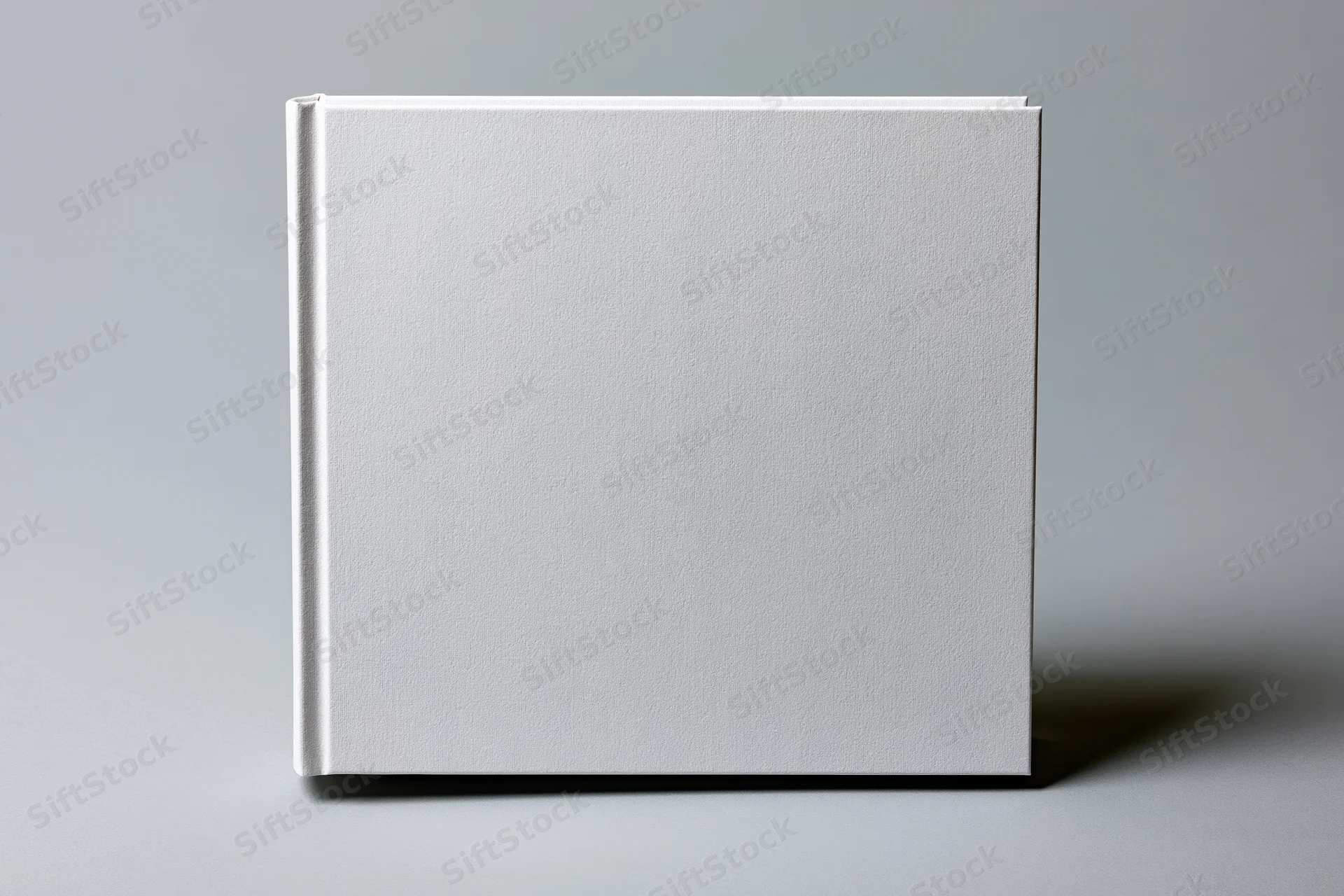 Blank white hardcover book standing upright on a gray surface