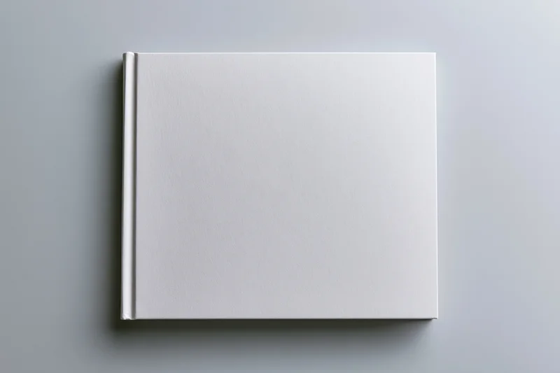 Blank hardcover book with plain white cover resting upright on gray surface