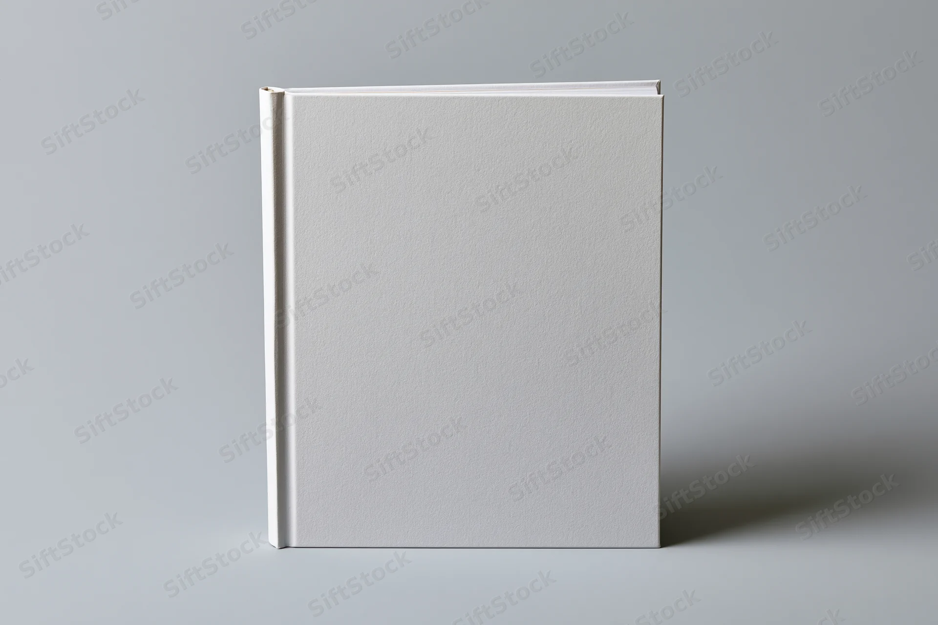 Blank hardcover book standing upright on a gray surface with no text or design