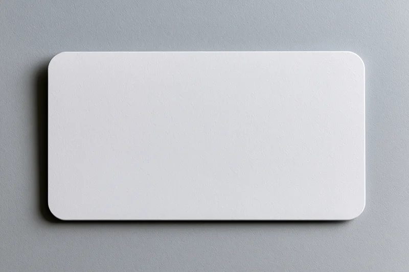 Blank white business card lying flat on a grey textured surface
