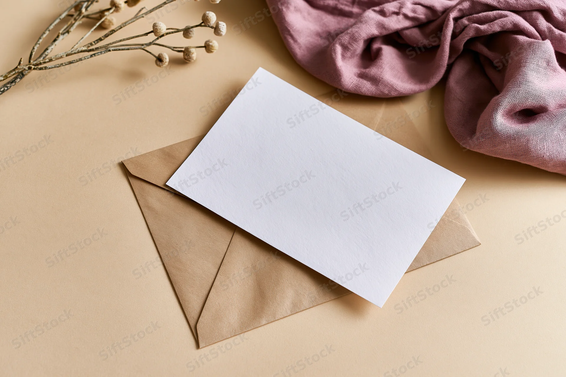 Blank white card on kraft envelope with dried flowers and pink fabric in flat lay arrangement