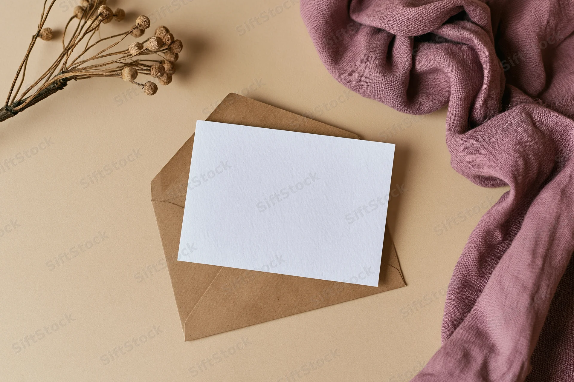 Blank white card on kraft envelope with dried flowers and mauve fabric in flat lay arrangement