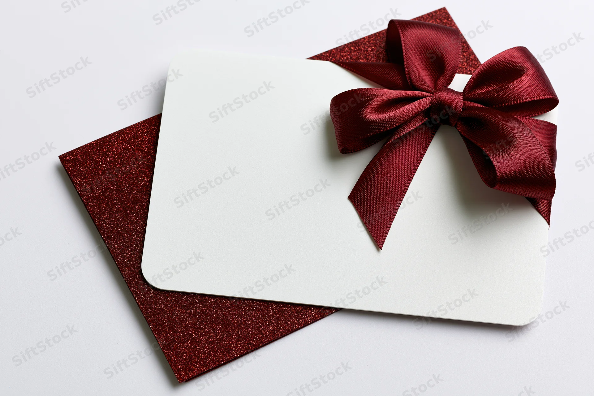 Blank white gift card with red ribbon bow on glitter envelope against white background