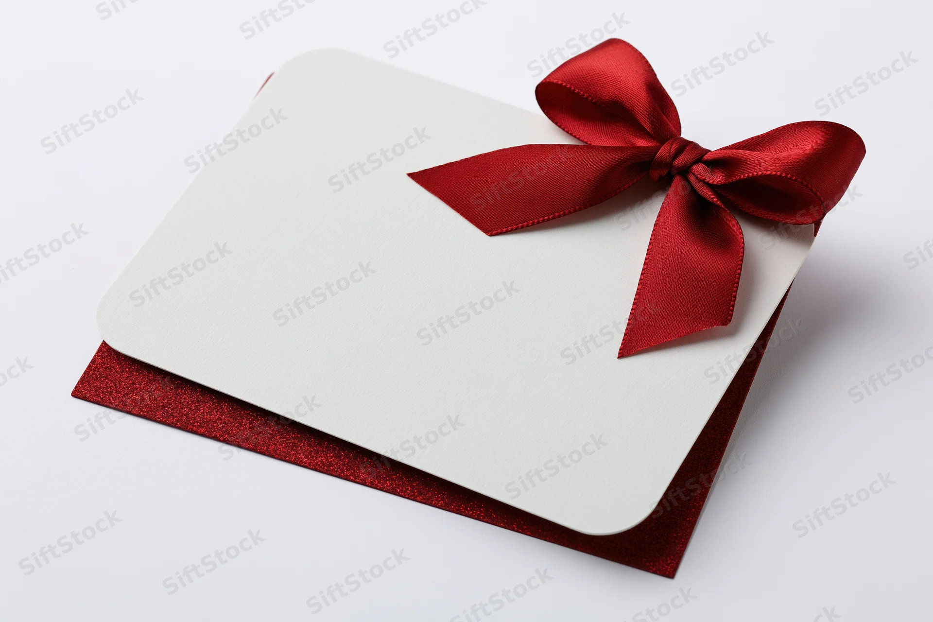 White gift card with red ribbon bow on red glitter base against white background