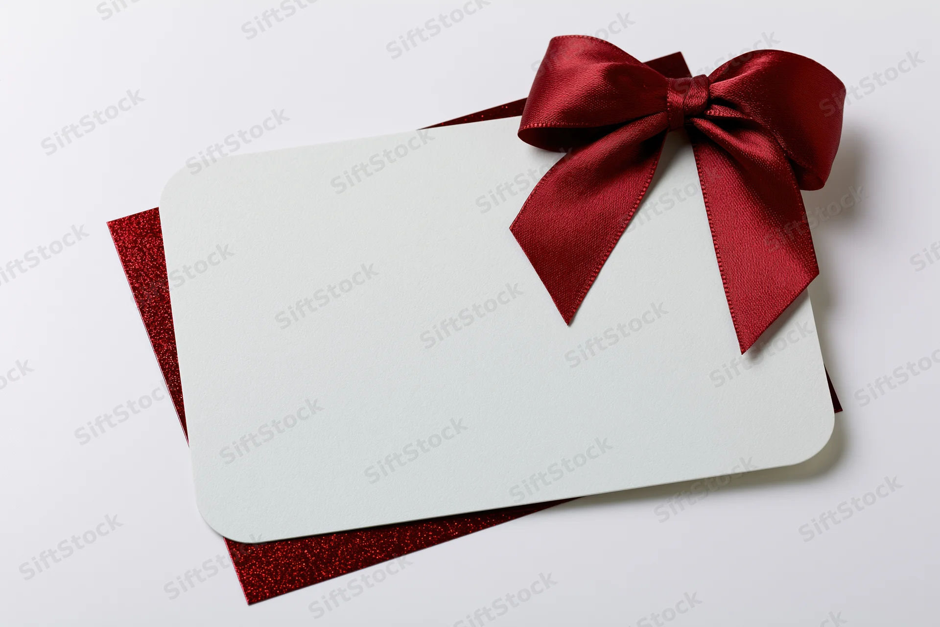 Blank white gift card with red satin bow on glittery red base, isolated on white background