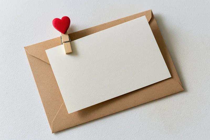 Blank white card clipped with red heart clothespin on kraft envelope