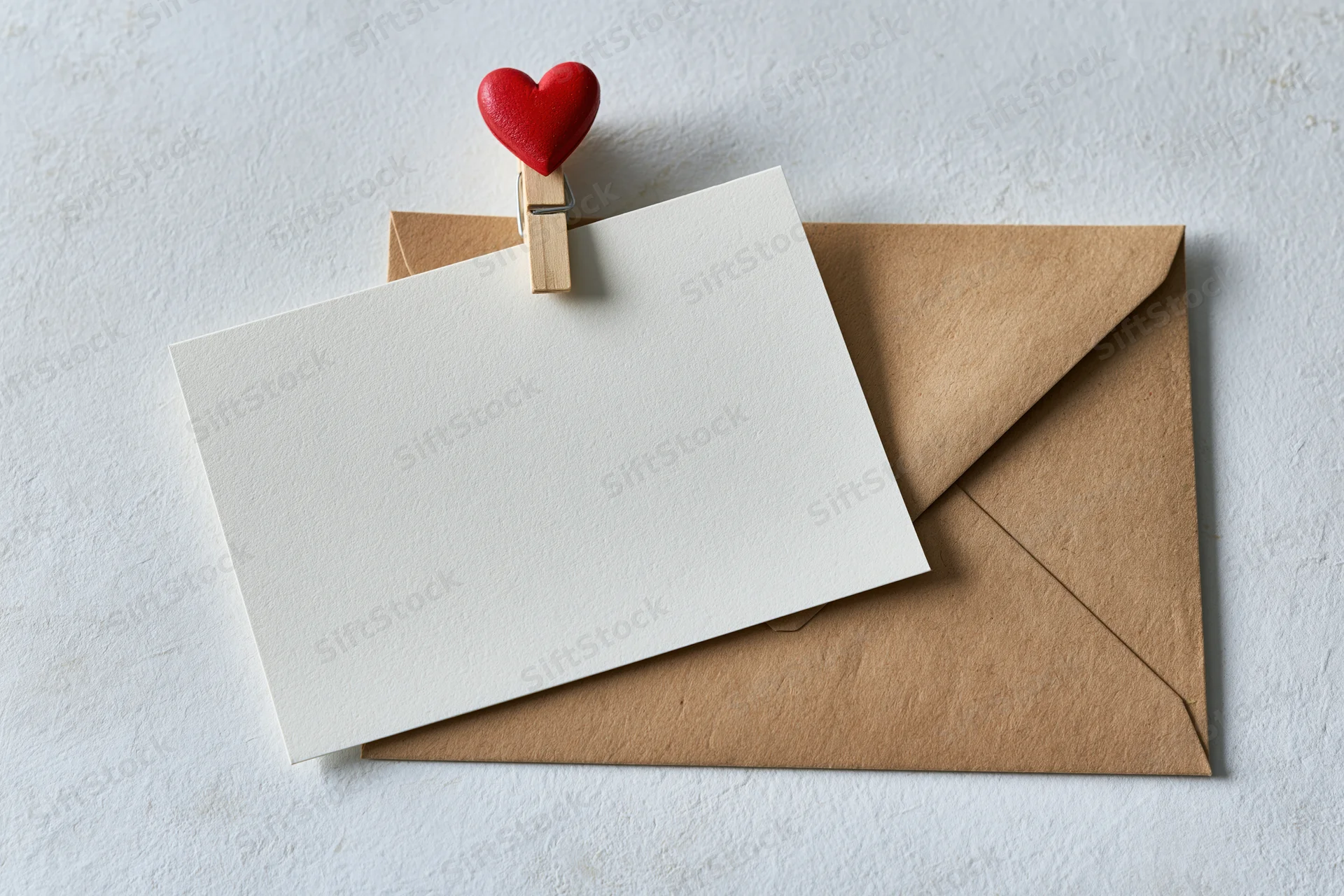 Blank white card clipped to kraft envelope with red heart clothespin on textured surface