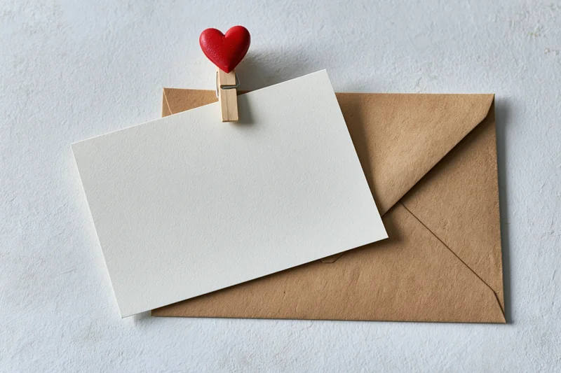 Blank white card clipped to kraft envelope with red heart clothespin on textured surface