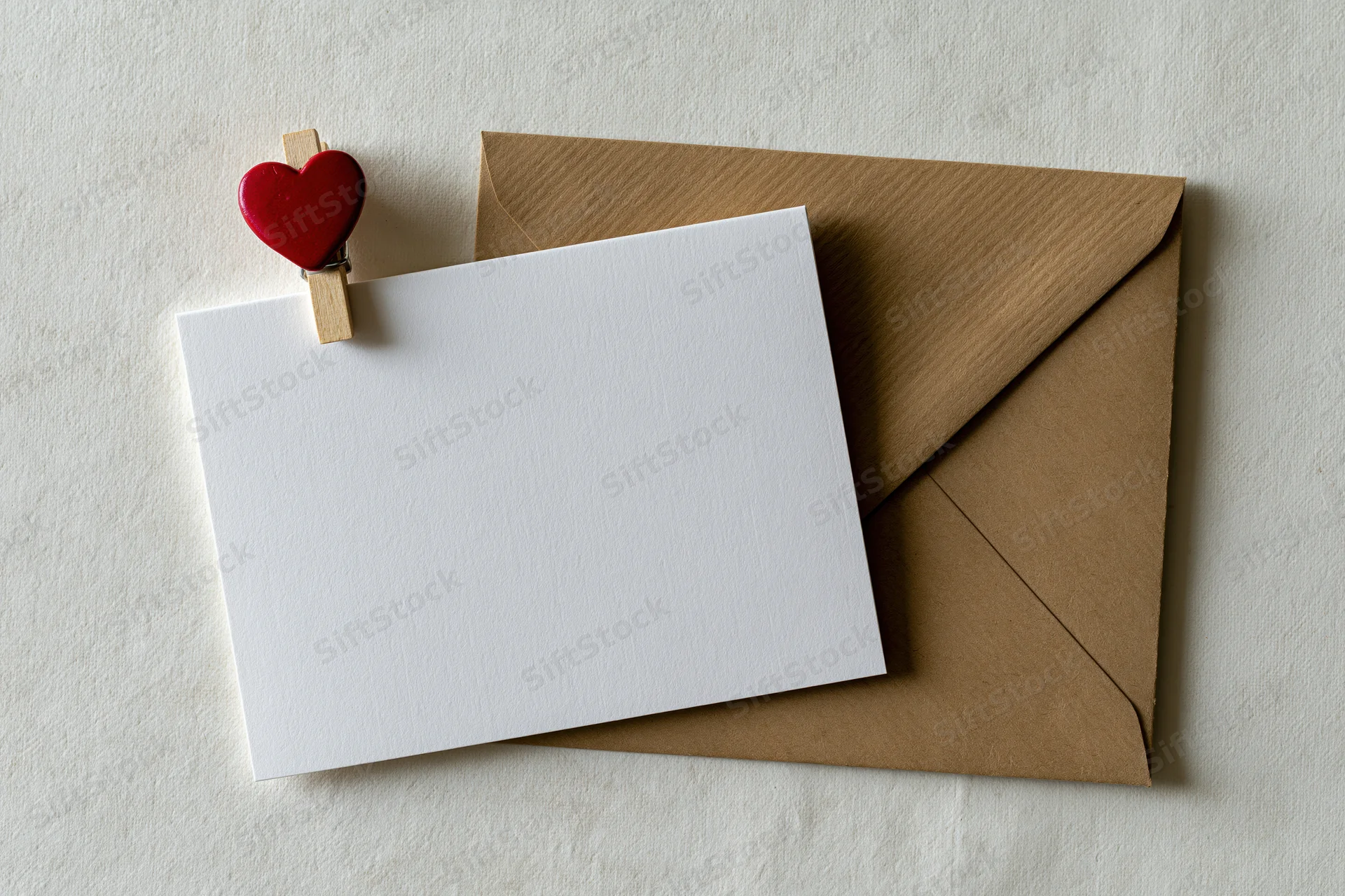 Blank white card clipped with red heart-shaped clip to kraft envelope on textured fabric surface