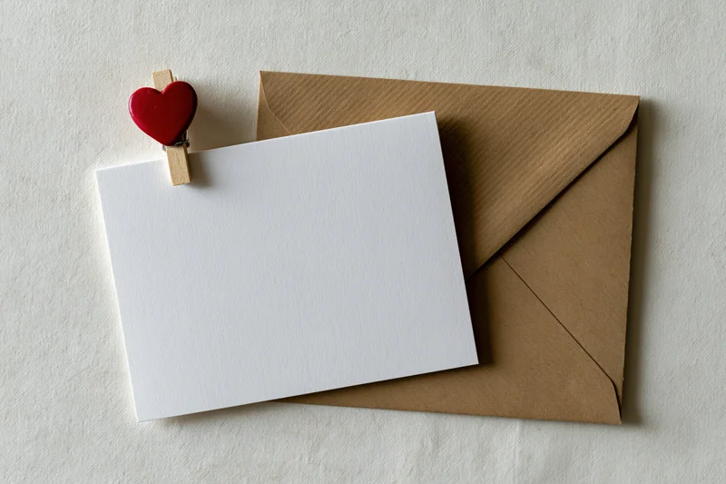 Blank white card clipped with red heart-shaped clip to kraft envelope on textured fabric surface
