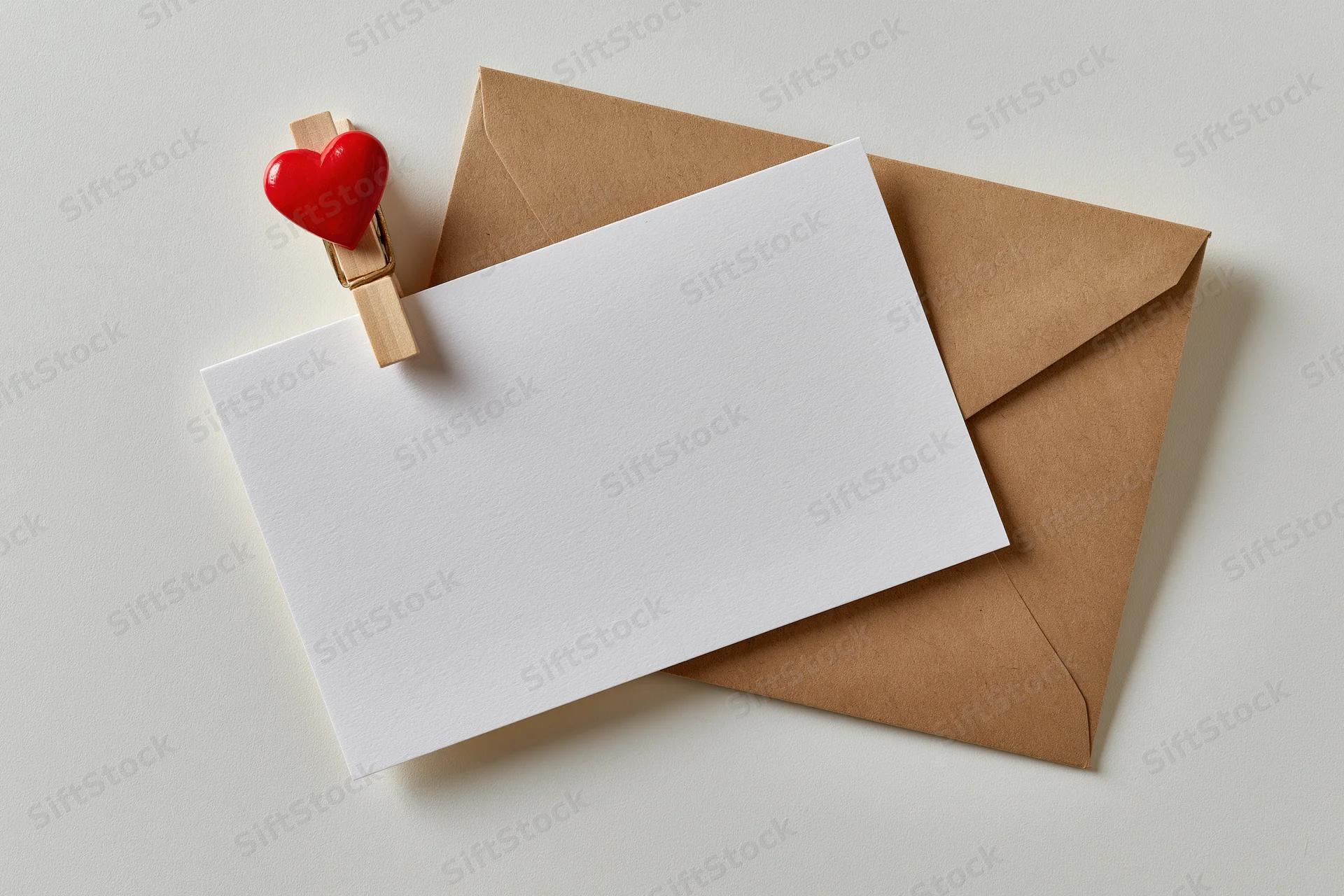 Blank white greeting card clipped with red heart clothespin to kraft envelope on white surface