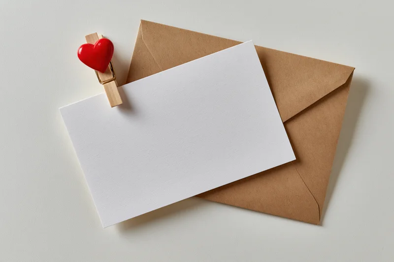 Blank white greeting card clipped with red heart clothespin to kraft envelope on white surface