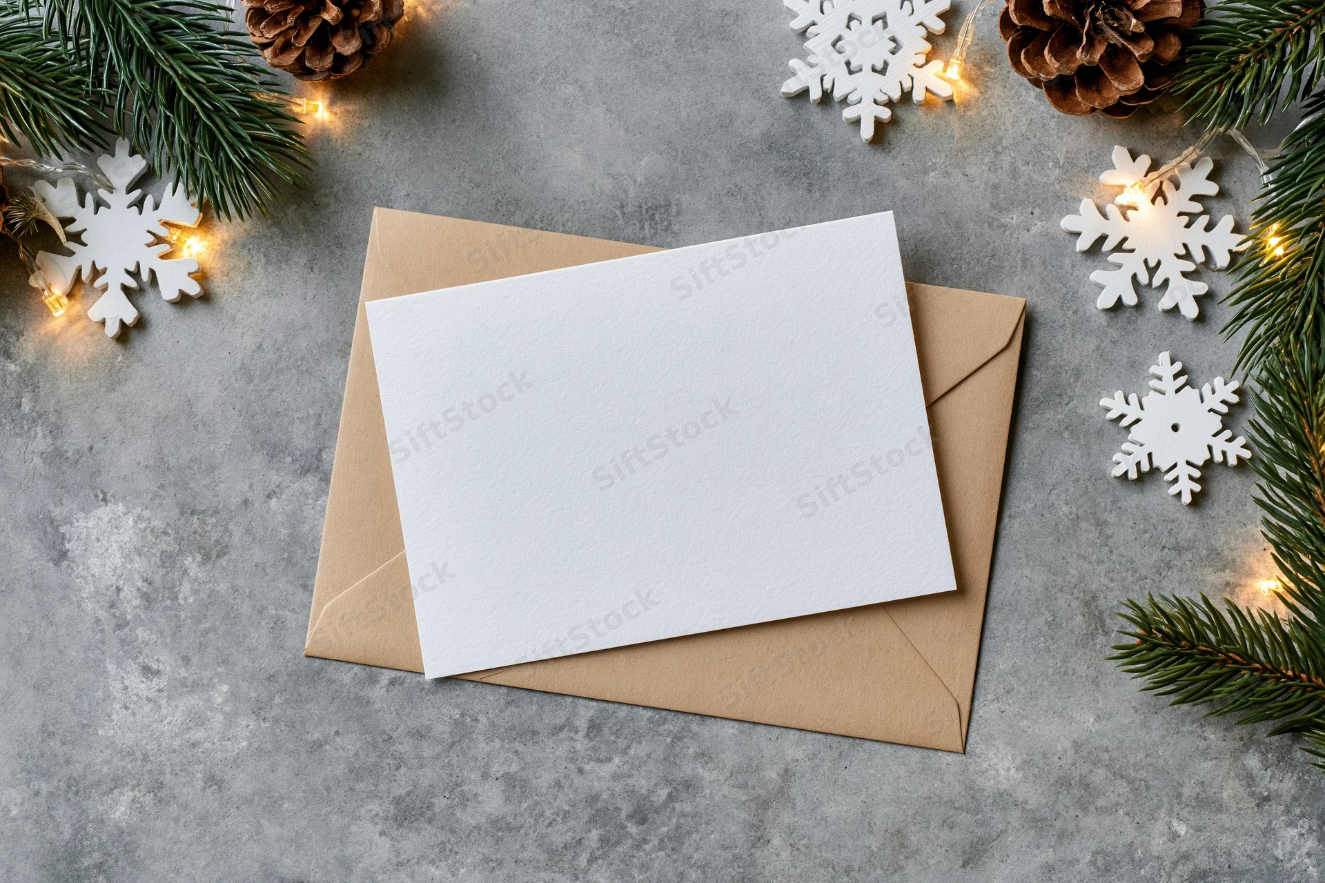 Blank white greeting card on kraft envelope surrounded by pine branches, pinecones, snowflakes and fairy lights on gray surface