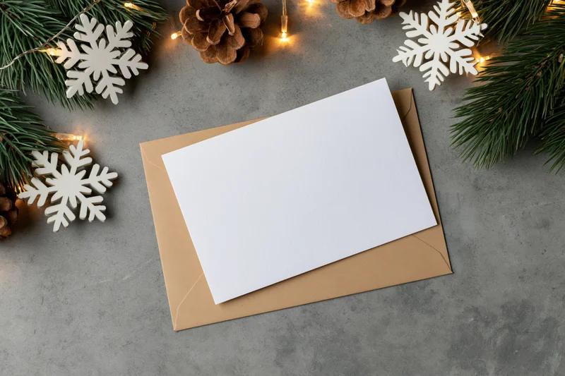 Blank white greeting card on kraft envelope surrounded by pine branches, pinecones, snowflakes and fairy lights on gray surface
