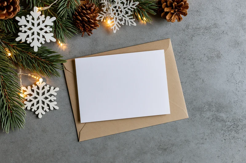 Blank white greeting card on kraft envelope with pine branches, pinecones, snowflakes and fairy lights on gray surface