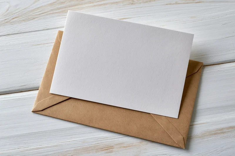 Blank white greeting card resting on kraft envelope on whitewashed wooden surface