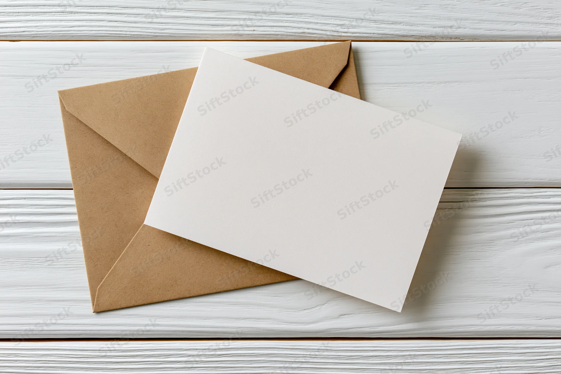 Blank white greeting card resting on kraft envelope on white wooden surface