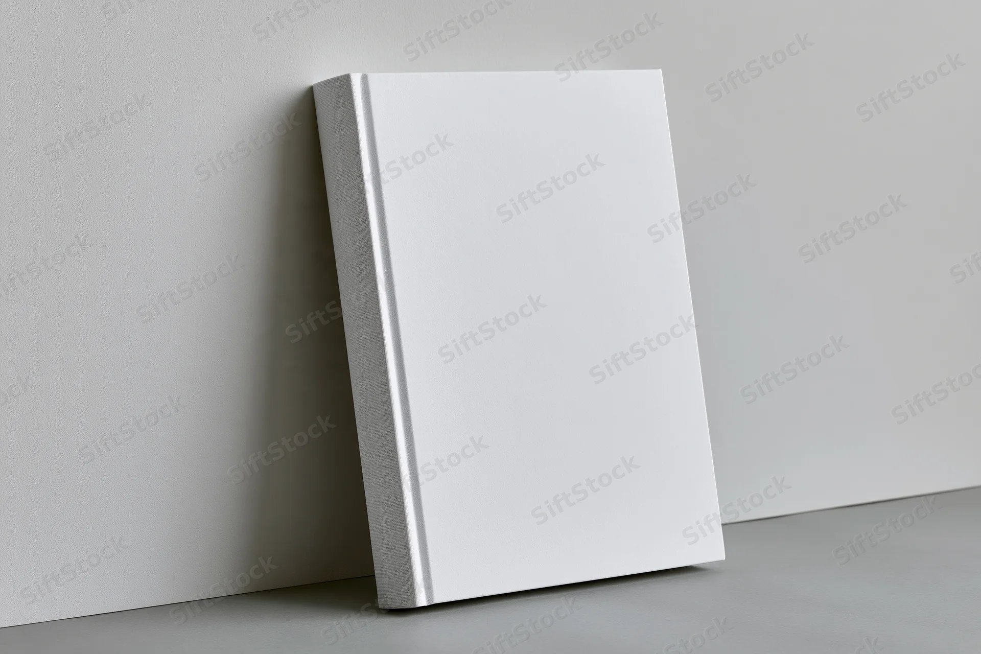 Blank white hardcover book leaning against a light gray wall in a minimalist studio setting