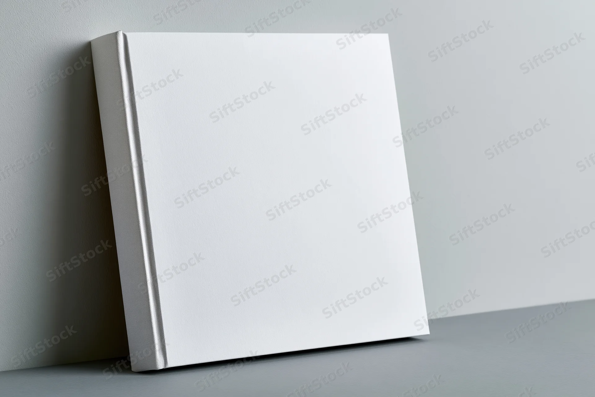 Blank white hardcover book leaning against a light gray wall on a gray surface