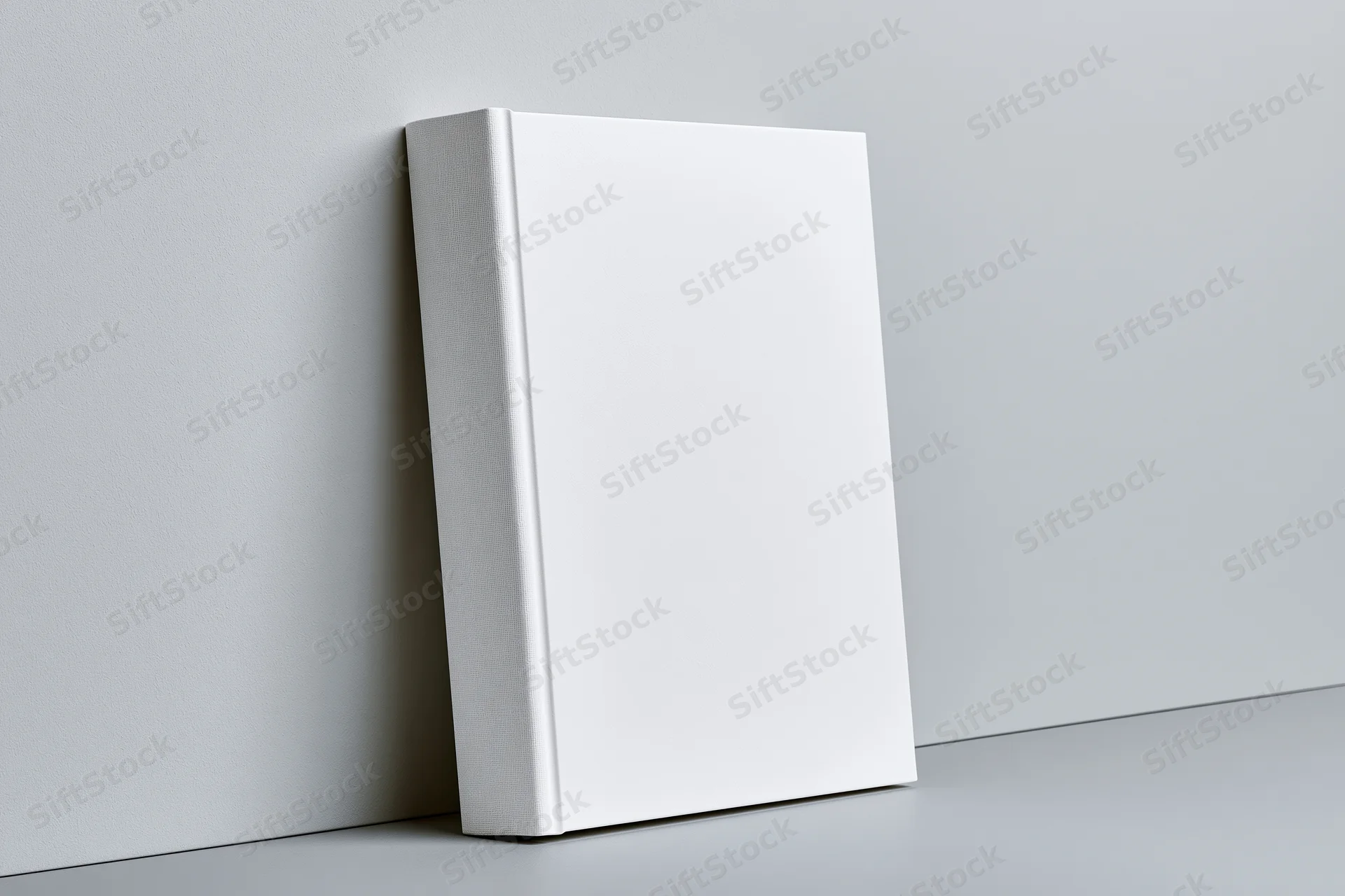 Blank white hardcover book leaning against a light gray wall in a studio setting