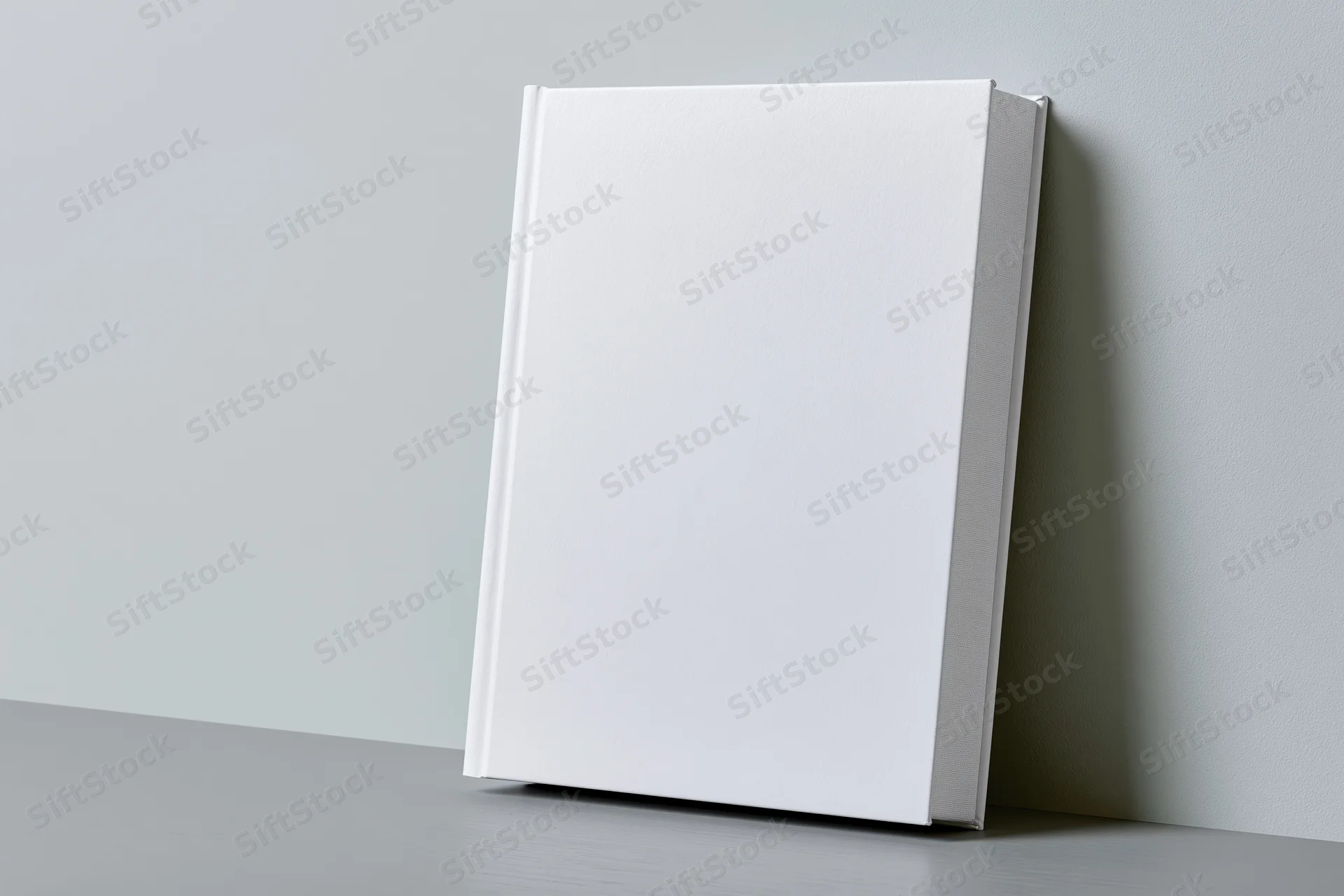 Blank white hardcover book leaning against a light gray wall on a gray surface
