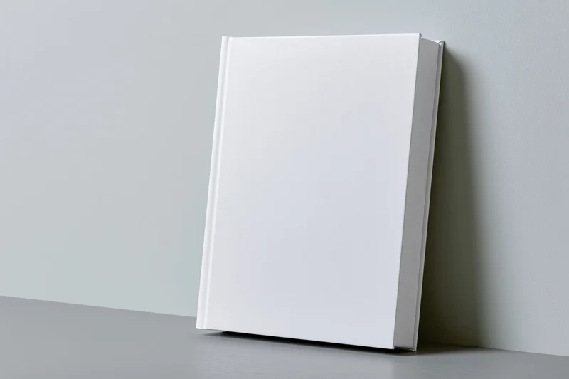 Blank white hardcover book leaning against a light gray wall on a gray surface