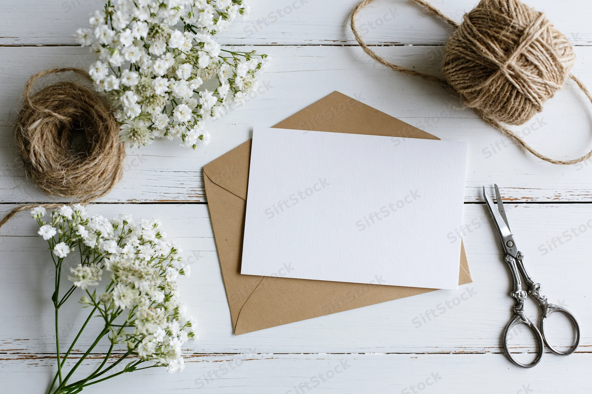 Blank white notecard on kraft envelope with baby's breath flowers and twine on white wooden surface