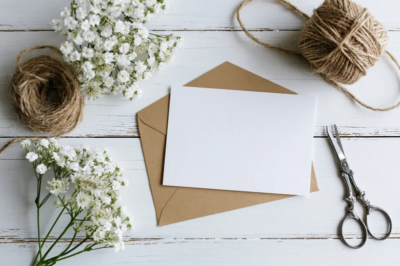 Blank white notecard on kraft envelope with baby's breath flowers and twine on white wooden surface
