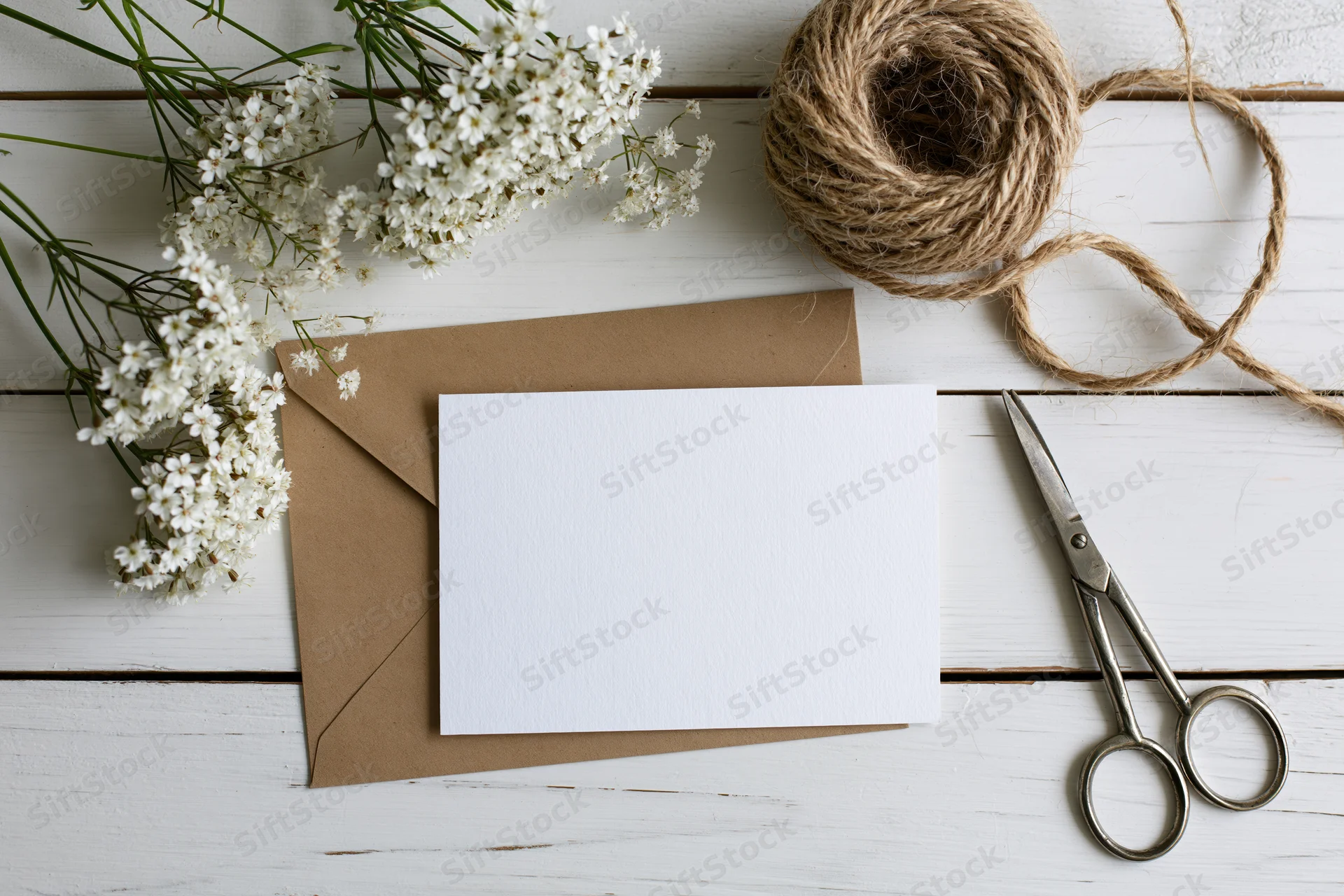 Blank white notecard on kraft envelope with baby's breath flowers, twine, and scissors on white wooden surface