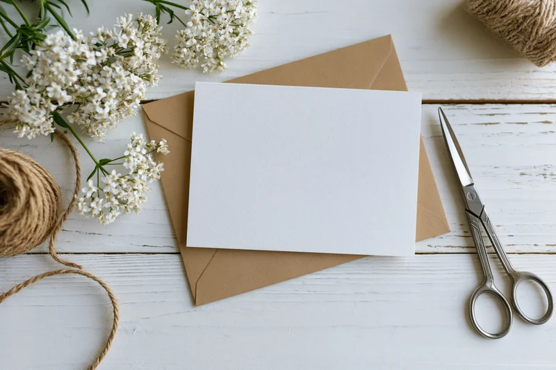 Blank white notecard on kraft envelope with flowers and scissors on wooden table